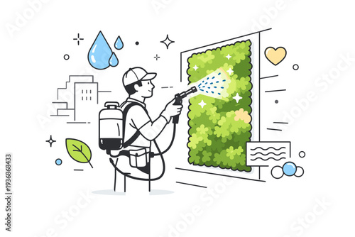 Urban moss wall maintenance in progress. A technician gently misting a vertical moss panel on a city building, floating abstract dots and line icons