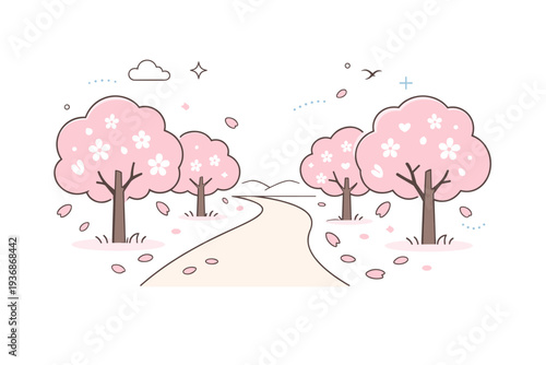 Pathway lined with cherry trees. A scenic walk illustration with a simple path and gently falling petals, emphasizing calm seasonal leisure and aesthetic