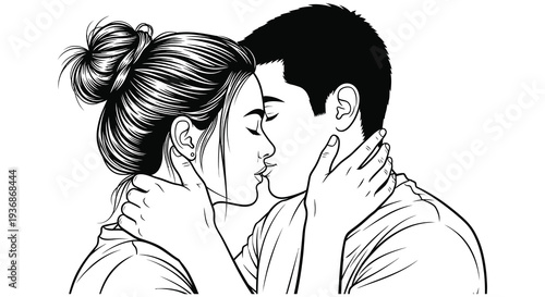 A black and white illustration depicts a couple deeply engrossed in a tender intimate kiss