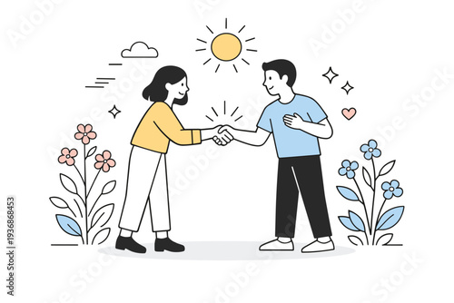 Spring renewal and human connection. Two people meeting in a light open space with blooming plants and soft sun shapes around them, exchanging a warm gesture.