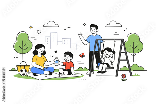 City parks and green corridors. A family enjoys a small urban park with trees, grass, and simple playground elements. Friendly everyday leisure