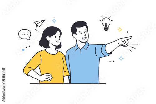 Collaborative pointing gesture. Two people standing together, one pointing while the other listens or observes. Friendly interaction, teamwork, and shared