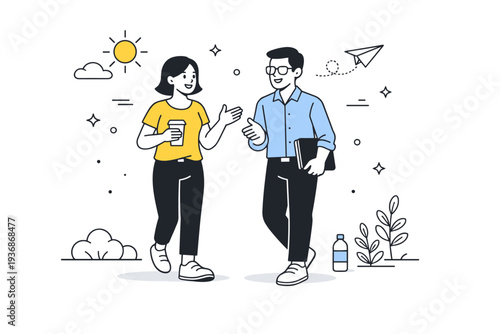 Summer breaks between work sprints. Two colleagues take a short walk outside, talking casually between focused sessions. Friendly reset moment that boosts