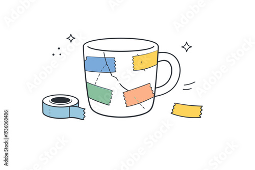 Repair tape aesthetics. Scene of a small home object fixed with different colored tape pieces, slightly mismatched but purposeful. Quiet beauty in patchwork