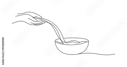 Minimalist line art of hands pouring liquid into a bowl, symbolizing care and nourishment
