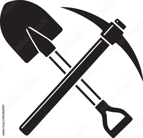 Crossed shovel and pickaxe mining tools vector silhouette illustration and graphic line art