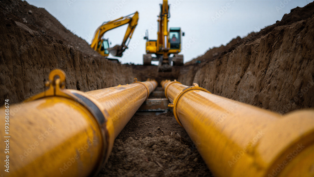 Εκτύπωση καμβά New yellow pipes are carefully installed in a deep trench for essential infrastructure development