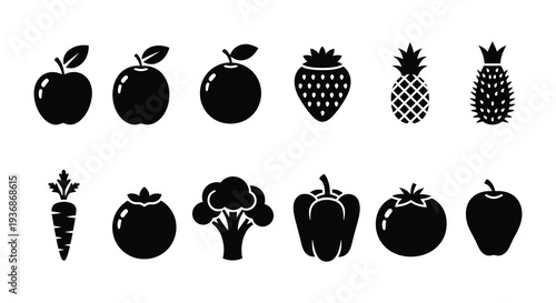 Black silhouette icons depict a variety of fresh fruits and vegetables in a simple style