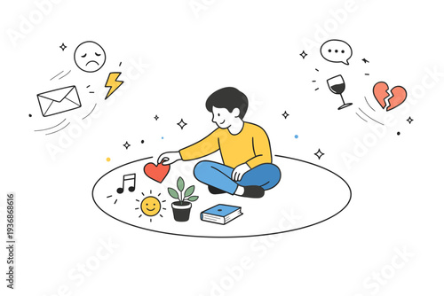 Self-protection lifestyle metaphors. Character choosing which elements to let inside a simple boundary circle, others gently floating away. Intentional focus