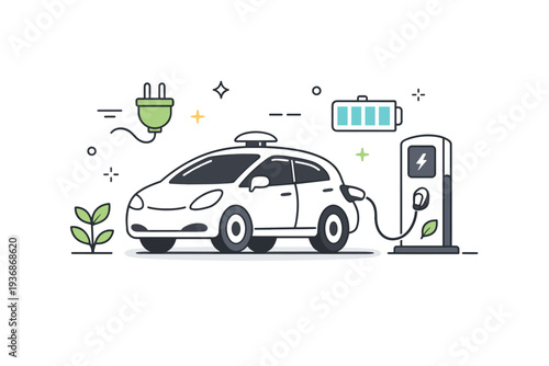 Autonomous car charging station. A self-driving car parked at a charging point, subtle electric plug and battery icons floating, modern and eco-friendly vibe.