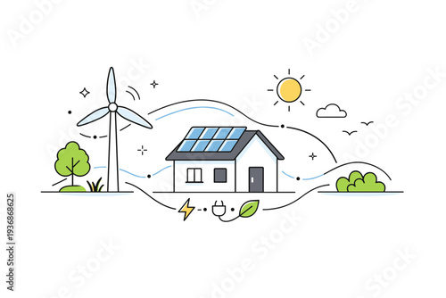 Solar and wind power. Small house powered by solar panels and nearby wind turbine, calm everyday sustainability. Energy lines connecting home and nature