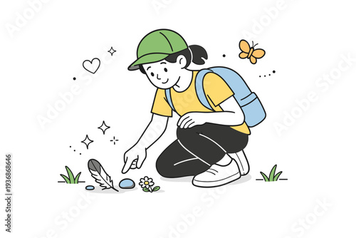 Spring holiday nature scavenger hunts. Finding small treasures like feathers, stones, and flowers, person kneeling and pointing with gentle excitement, moment