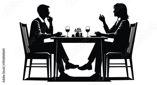 A silhouetted couple enjoys a formal dinner date at a table with wine glasses and flowers