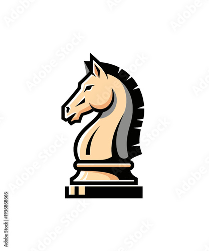 Stylized vector graphic illustration of a traditional ivory and black chess knight piece design.