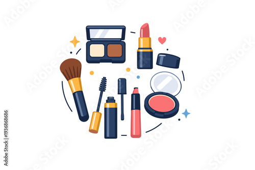 Cosmetic set for everyday makeup expressing modern feminine style and subtle elegance. A balanced visual metaphor with makeup tools arranged in a soft circular