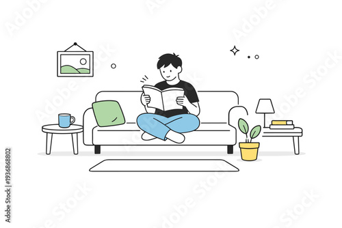 Everyday boredom realism. Minimal living room with a person flipping through a magazine or device, no other activity, soft daylight. Honest depiction of slow,