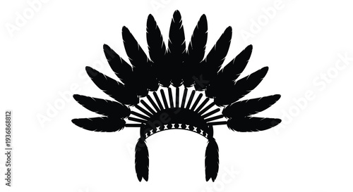 A striking black silhouette depicts a traditional native american headdress with long feathers high quality professional