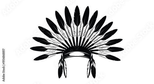 A black and white illustration depicts a traditional native american feathered war bonnet headdress high quality