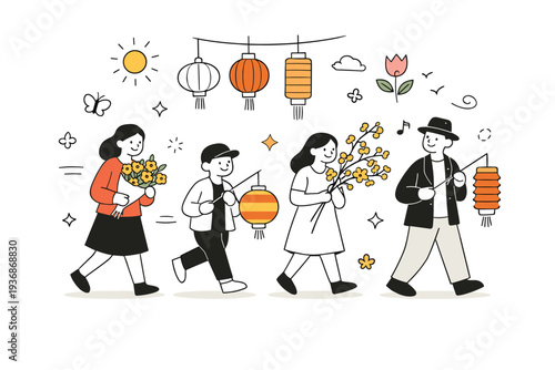 National Spring Festival. People carrying lanterns and flowers, with simple national decorative elements floating around. The scene feels festive and warm,