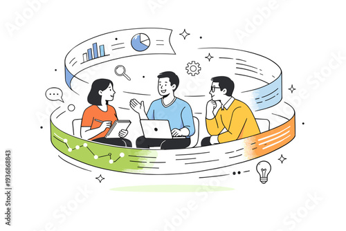 People surrounded by data streams. A small team discussing while curved data ribbons circle around them, turning complexity into shared