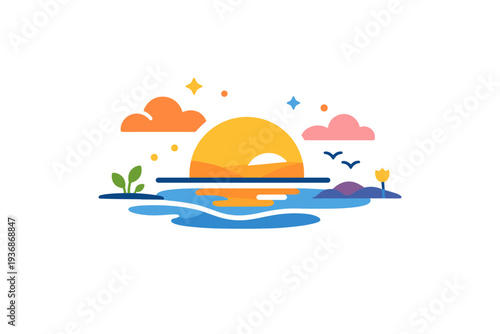 Spring sunset glowing sun descending toward the horizon with balanced sky tones, conveying calm, optimism, and the soft beauty of early evenings. A clean