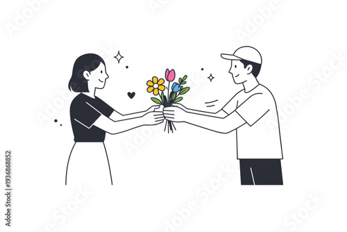 Friends exchanging flowers in a minimalist setting. Flowers become the main accent, figures simple and balanced. Focus on gesture rather than environment.