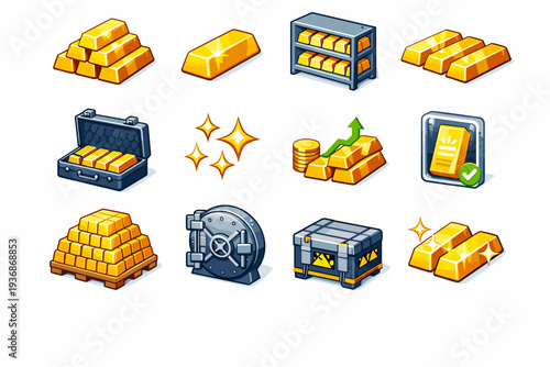 Gold Bullion. Colorful isometric vector icons set of Gold Bullion: bullion stack, polished gold ingot, bullion vault shelf, gold bar row, secure bullion case,