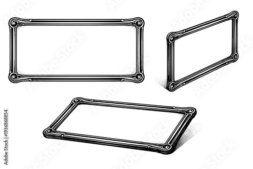 Elegant halftone double-line frame shown as a single object presented in three views: front view, side view, and three-quarter view. Black and white dot style