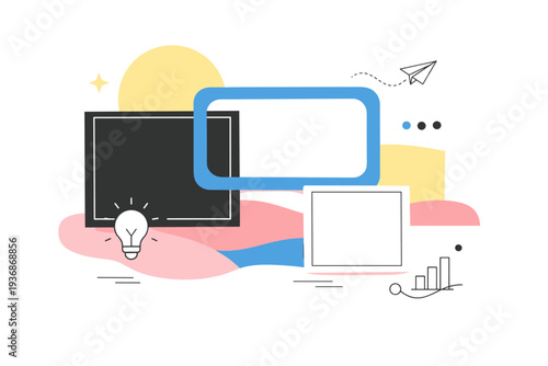 Editorial collage backdrops. Abstract editorial illustration showing calm layered compositions with frames, shapes, and minimal symbols floating in space.