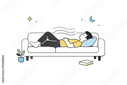 Doing nothing aesthetics. Person lying on a sofa staring at the ceiling, gentle motion lines showing slow breathing. Peaceful emptiness and comfort