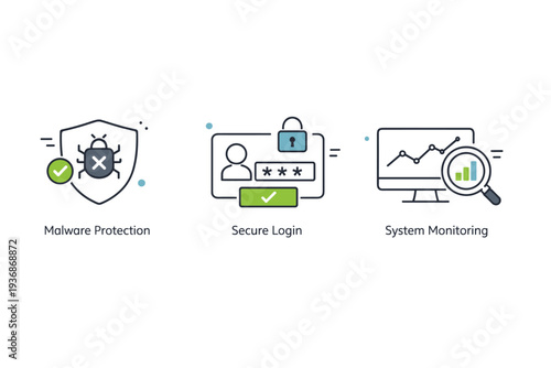 Cybersecurity icons. Simple line icons showing malware protection, secure login, and system monitoring. Calm reliable mood designed for dashboards