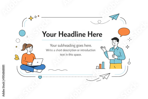 Headline emphasis layout. Gentle frames and floating abstract forms subtly highlight a text zone, supporting readability and visual hierarchy. Clean and