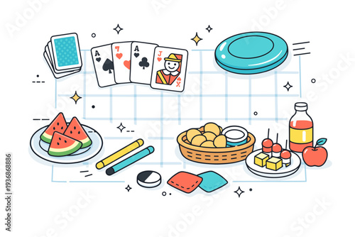 Spring picnic games in the park. Flat lay of a picnic blanket with playing cards, a frisbee, and simple snacks arranged neatly. Light playful mood capturing