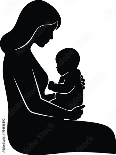 Vector mother holding her small infant child in arms silhouette design
