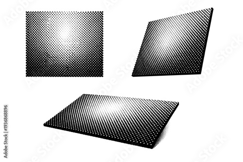 Halftone dot lattice grid represented as one standalone surface object shown in straight-on view, rotated view, and three-quarter perspective for dimensional