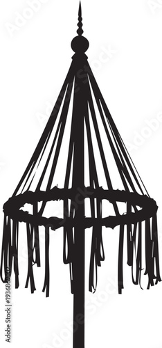 Maypole silhouette vector illustration, traditional dance pole with ribbons, line art drawing