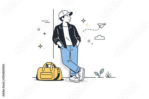 Waiting moments. A person leans against a wall with a bag at their feet, gaze drifting. Editorial scene about unstructured time and quiet