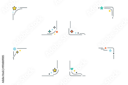 Decorative borders. Minimal corner border set with simple line ornaments placed in the edges, leaving an open center. Light refined decoration with modern