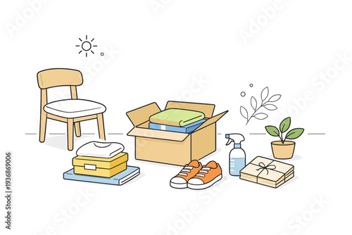 Spring decluttering moments. A minimal interior with a chair, a box, and a few neatly sorted items, suggesting clearing and organizing. The mood conveys