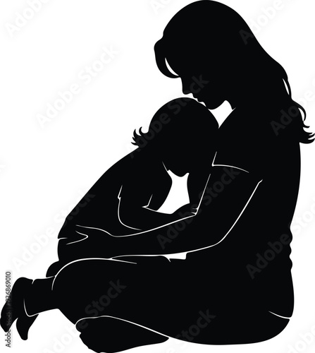 Vector mother holding her young child in a loving embrace silhouette design