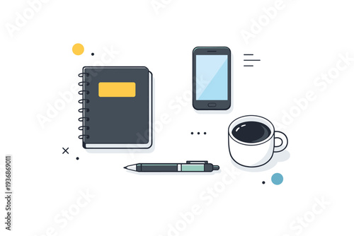 Desk objects flat lay. Minimal office items like notebook, pen, smartphone, and coffee cup arranged neatly from top view. Calm organized workspace mood with