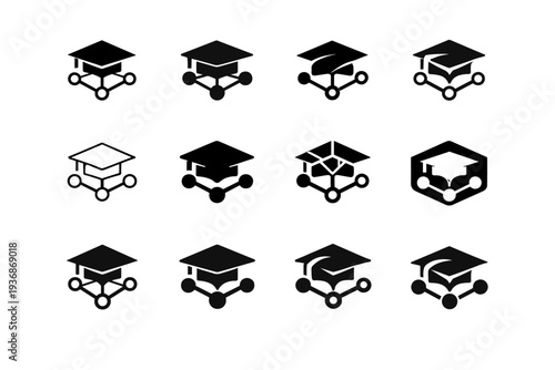 Remote tutoring. Icon set. Set Logo of Remote tutoring: connected nodes forming academic symbol. harmonious logo variations of the same emblematic concept,
