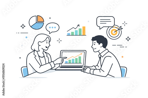 job interview discussion. A recruiter pointing at a chart or laptop screen while a candidate listens attentively, abstract decorative icons of graphs and