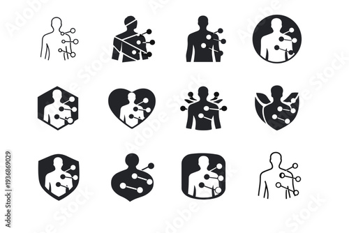 personal health monitoring apps. Icon set. Set Logo of personal health monitoring apps: body silhouette with sensor dots. harmonious logo variations of the