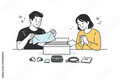 Product unboxing with people. Two people sharing an unboxing experience, friendly interaction and quiet excitement. Open box, tissue paper, and product parts