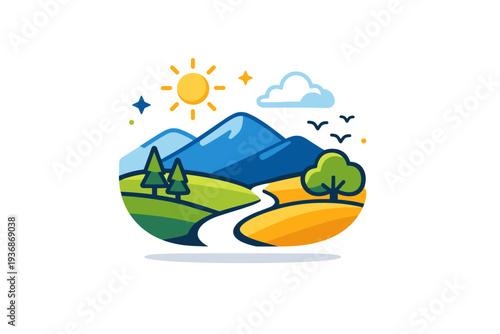 Landscape scenery compact nature vignette combining hills, trees and sky elements, capturing optimism, clarity and timeless outdoor beauty. A concise visual