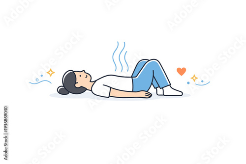 People breathing deeply. Someone lying on their back with knees bent, arms relaxed, slow breathing marked by gentle rising lines. The scene suggests rest,