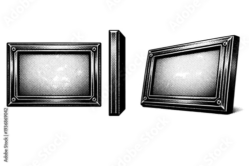 Gaming badge styled as a rectangular arcade screen plaque with inner border shown from front view, side view, and three-quarter view as a single object set