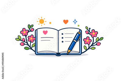 Spring self care mindful journaling moment with an open notebook, pen, and blooming branches, representing reflection, intention setting, and emotional