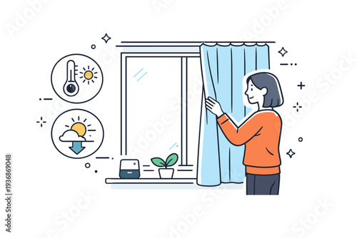 Smart thermal curtain setup. A person adjusting curtain panels near a window with icons for temperature and sunlight control. Calm interaction with a focus on